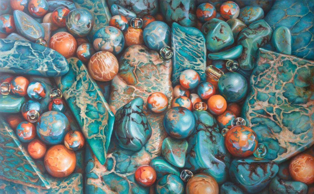 “Playing With Beads” is a painting in the current exhibit at MiamiInternational Fine Arts Gallery.