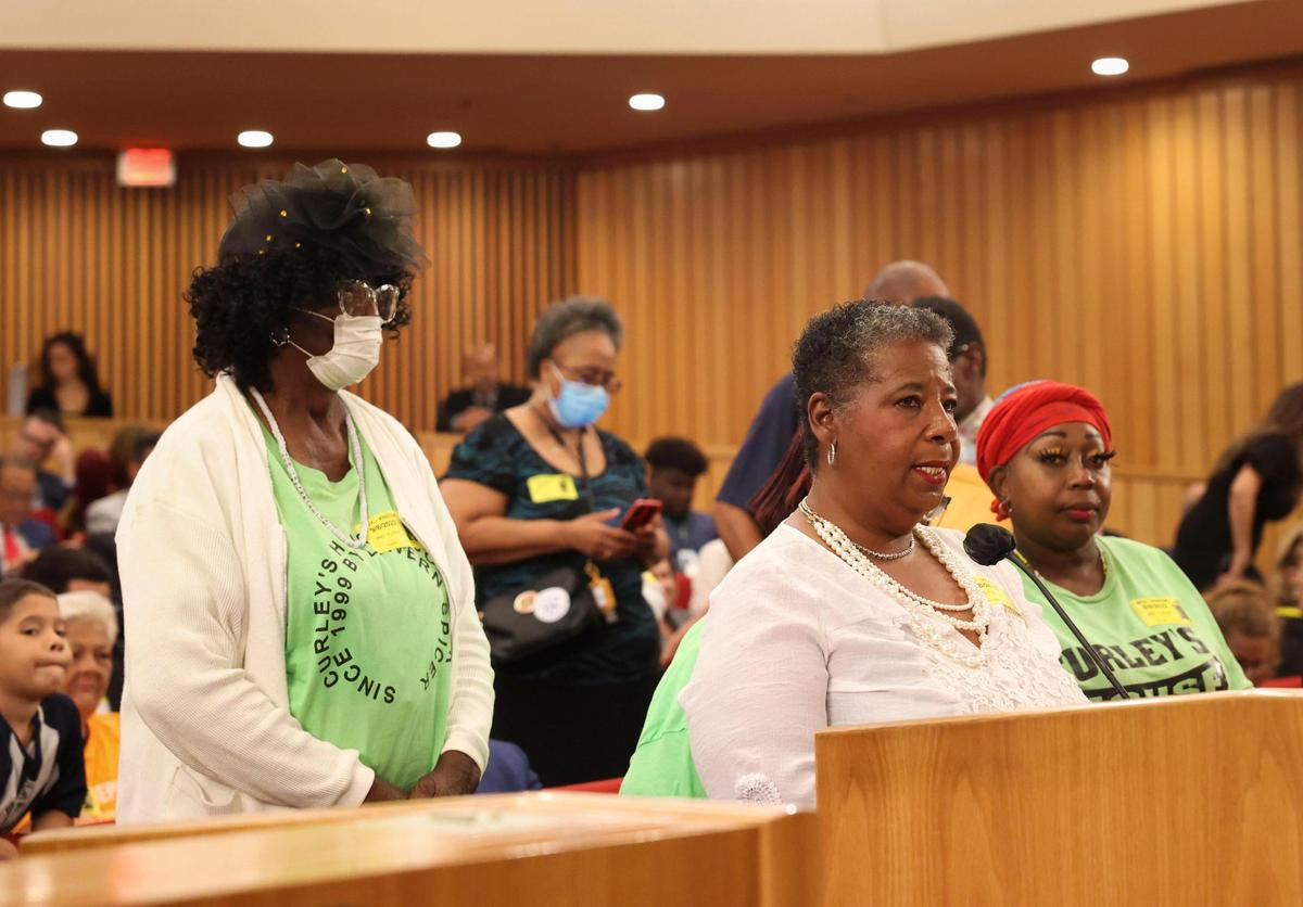 Women from Curley’s House Food Bank speak during the first Miami-Dade county budget hearing on Thursday, Sept. 8, 2022, at the Stephen P. Clark Government Center in Downtown Miami.