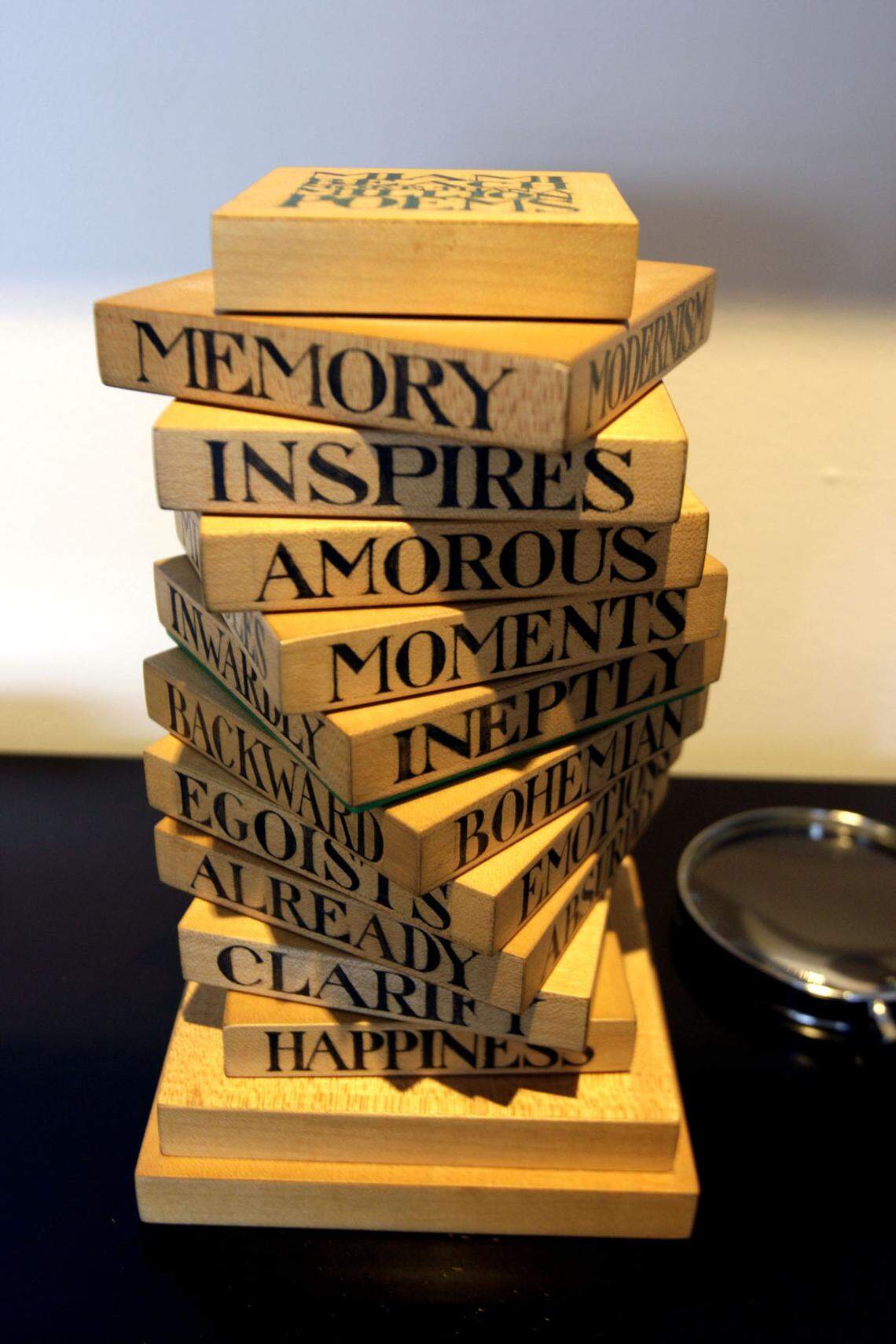 One of the pieces in Ruth and Marvin Sackner’s collection is Tom Phillips’ “Miami Beach More Than a Million Poems,” 1986. The sculpture contains 40 words hand-printed in ink on the sides of 10 wooden blocks. Each block can rotate on a wooden dowel.
