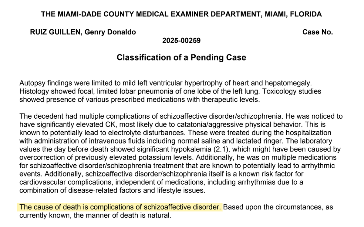 Miami-Dade Medical Examiner Department autopsy for Genry Ruiz-Guillen, a 29-year-old Honduran man who died in ICE custody.