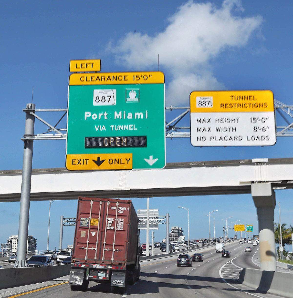 A 40 ft. container truck approaches the Port of Miami Tunnel via the I-395 at approximately 5 PM, alleviating traffic from the afternoon rush hour on Biscayne Blvd on Tuesday August 4, 2015