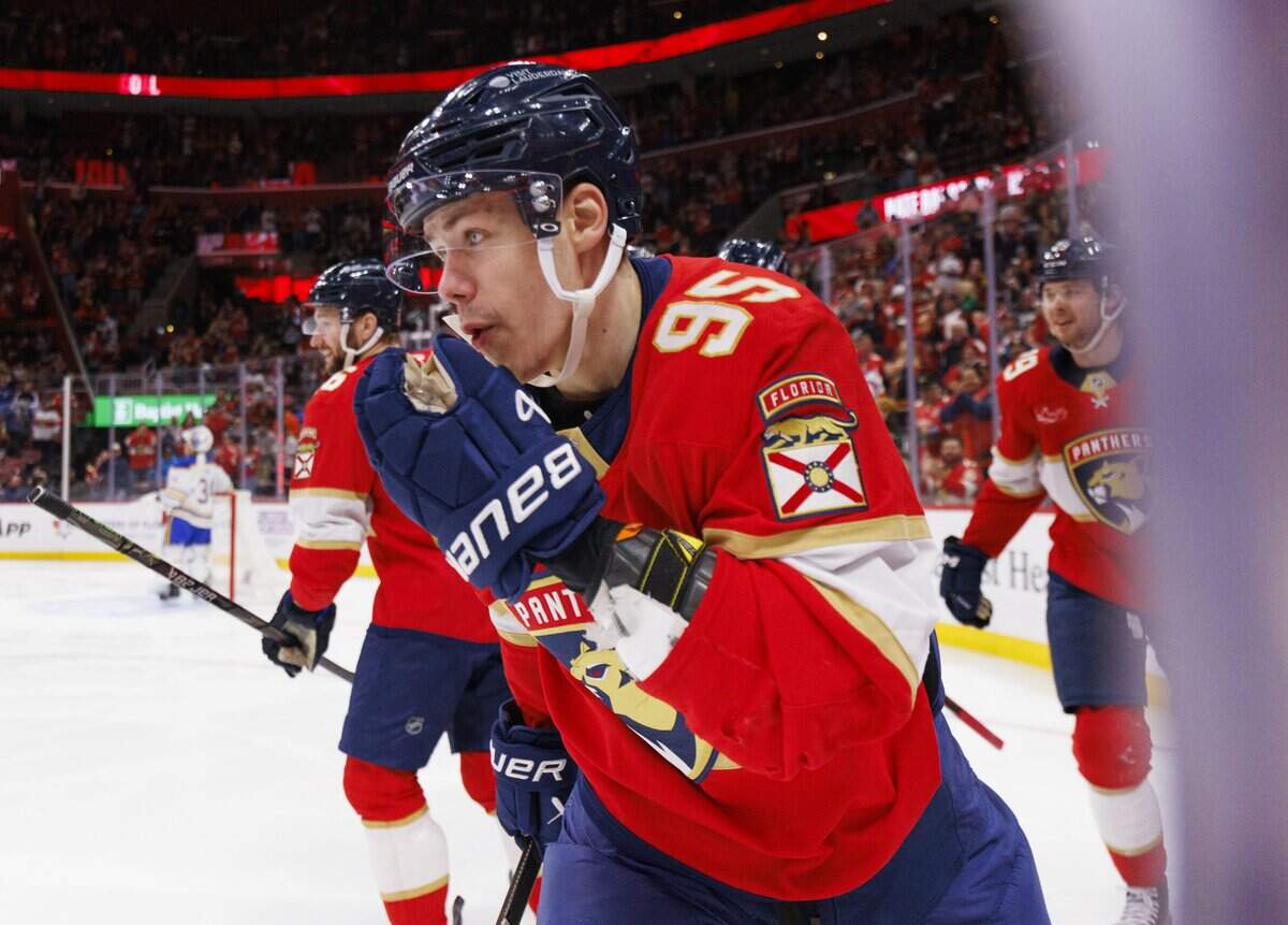 Florida Panthers left wing Sandis Vilmanis (95) reacts with teammates after scoring a goal during the first period of a game against the Buffalo Sabres on Monday, Feb. 2, 2026, at Amerant Bank Arena in Sunrise, Fla.