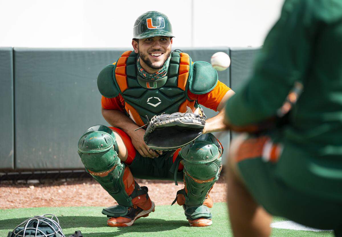 Miami Hurricanes catcher Adrian Del Castillo is shown warming up against FAU on May 18, 2021 at Mark Light Field