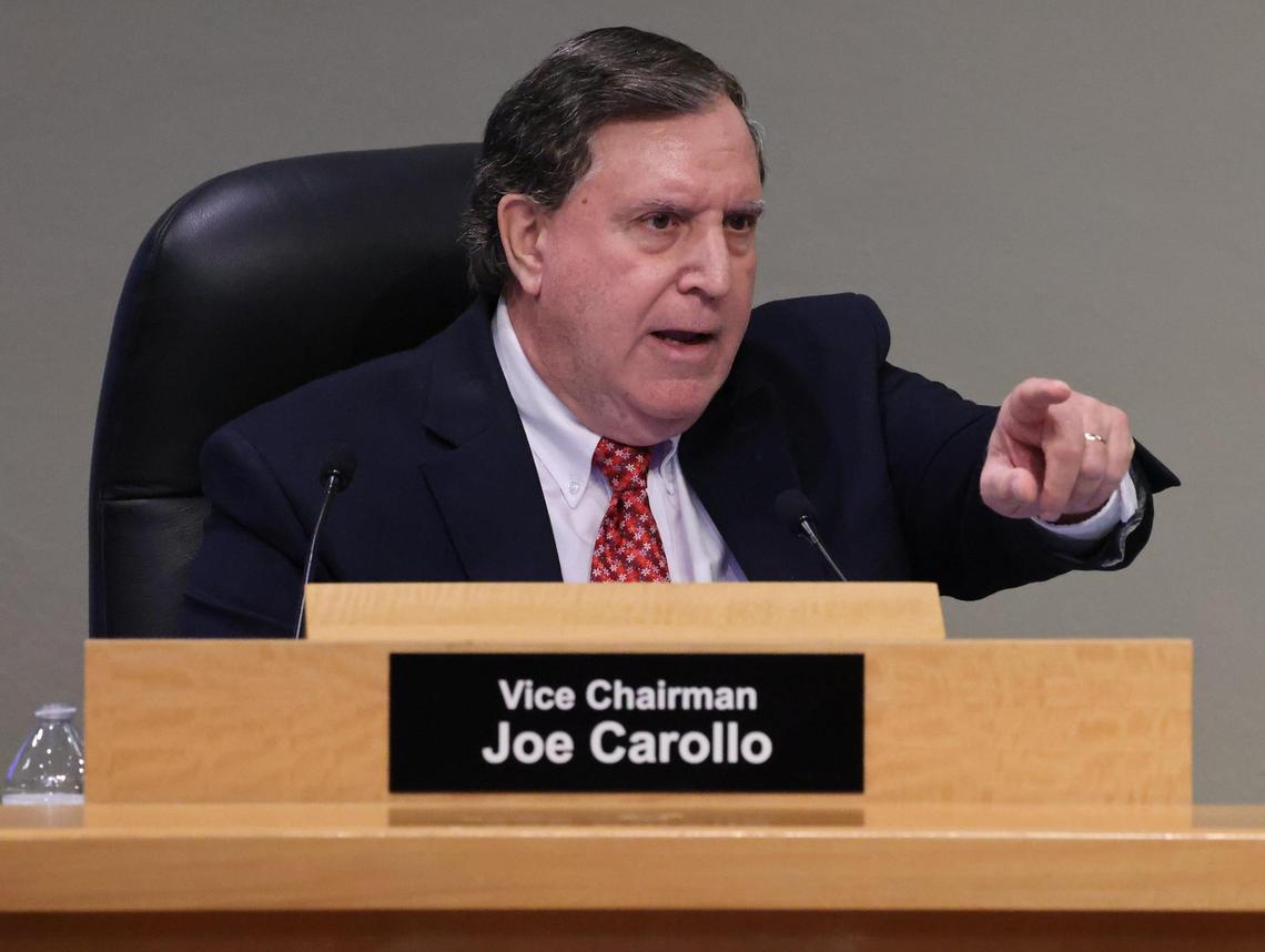 Commissioner Joe Carollo defends himself from allegations as the Miami City Commission prepared to vote on a proposal to remove him as chairman of the Bayfront Park Management Trust on Thursday, Feb. 13, 2025.