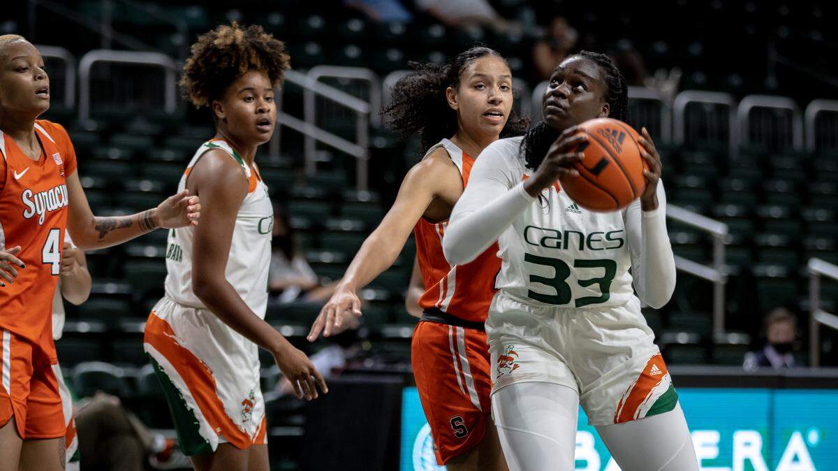 University of Miami forward Maeva Djaldi-Tabdi, a grad transfer from Syracuse, scored 14 points against her former team as the Hurricanes beat the Orange 71-65 at the Watcso Center Feb. 3, 2022.
