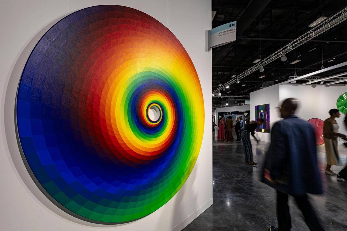 Miami Beach, Florida, December 6, 2023 - A work titled Color Experiment No. 121 on display during Art Basel VIP day at the Miami Beach Convention Center.