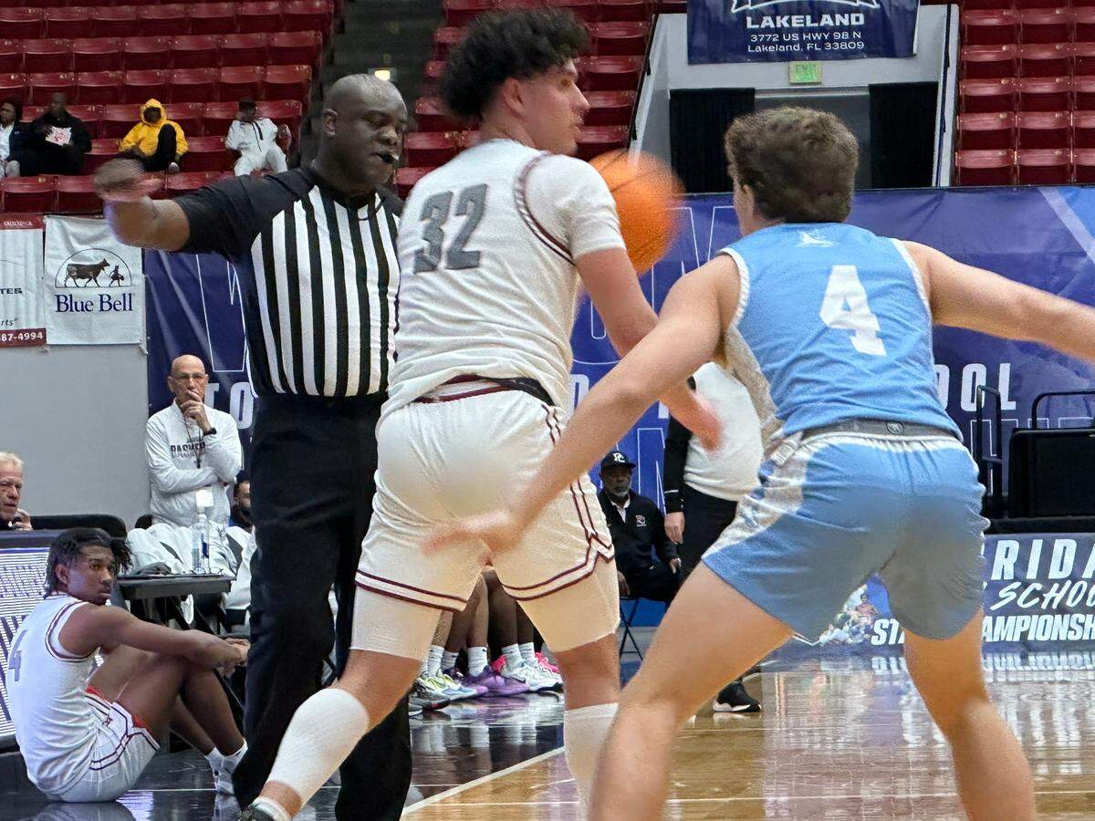 Pembroke Pines Charter’s Ramez Zayed is guarded by Ponte Vedra’s Caleb Tietze during Thursday’s Class 6A state semifinal at the RP Funding Center in Lakeland, Fla.