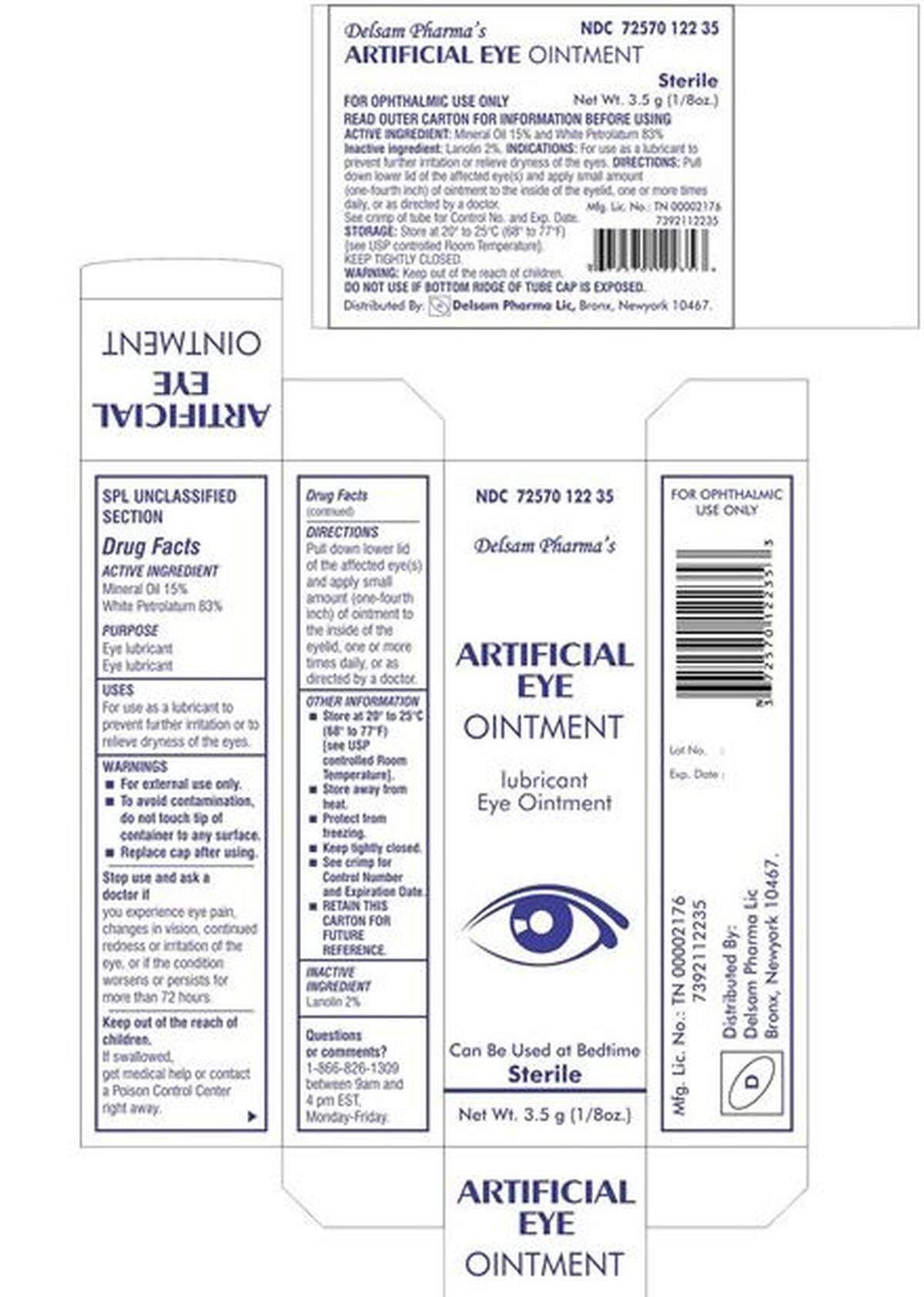 The deconstructed box of Delsam Pharma Artificial Eye Ointment.