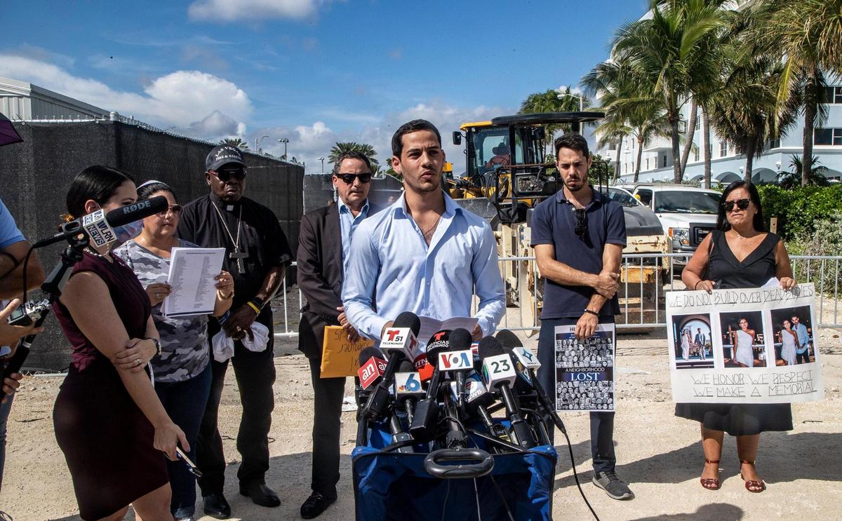 Martin Langesfeld and his family held a press conference Tuesday at the site of the Champlain Towers South condo collapse calling for preservation of rubble that may contain human remains. They also continued to urge that a memorial be built on the site.