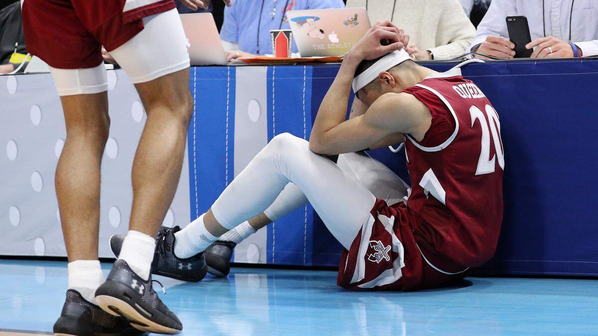 SALT LAKE CITY, UTAH - MARCH 21: Trevelin Queen #20 of the New Mexico State Aggies reacts after being defeated by the Auburn Tigers 78-77 in the first round of the 2019 NCAA Men’s Basketball Tournament at Vivint Smart Home Arena on March 21, 2019 in Salt Lake City, Utah. (Photo by Patrick Smith/Getty Images)