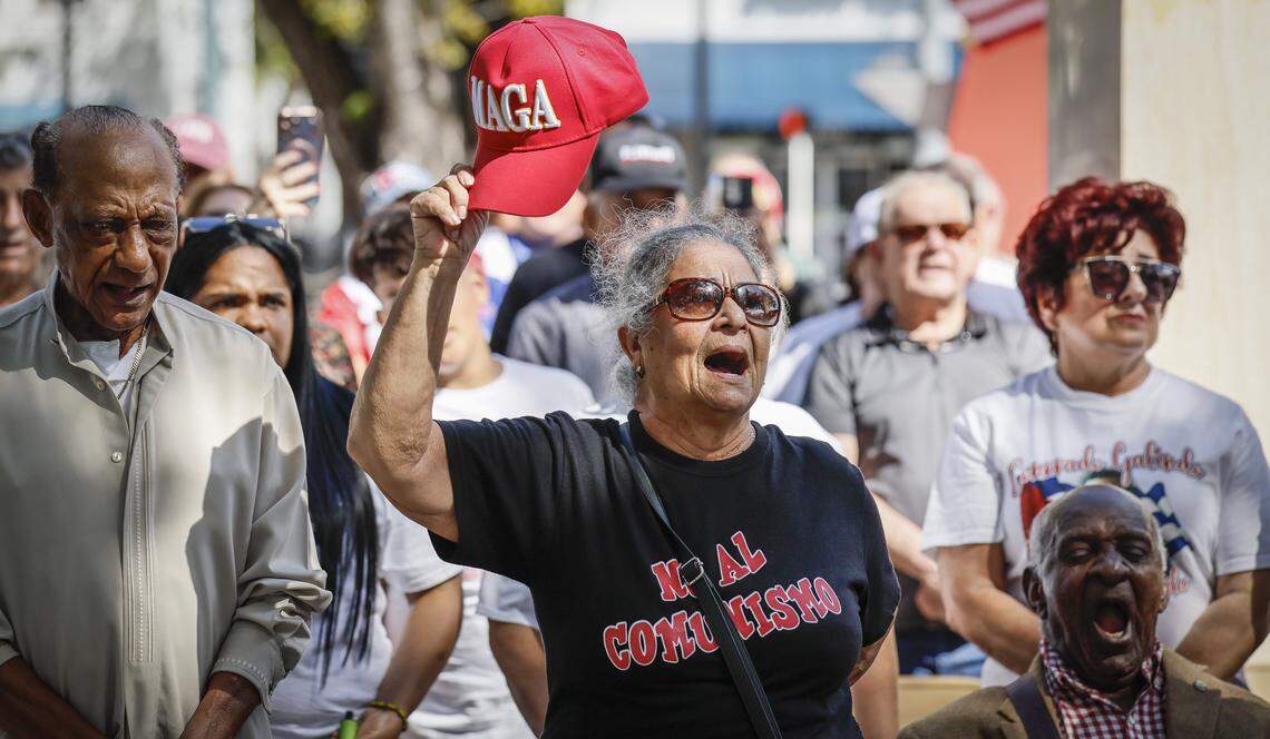 Maricela Pompa reacts during a Proof of Life of Our Brothers ceremony at the Bay of Pigs Monument in the Little Havana area of Miami, Florida, on Sunday, March 8, 2026. Cuban dissident groups held a press conference to demand repatriation of the bodies of the men killed in the shootout with the Cuban Coast Guard on Sunday, March 8, 2026. They also demanded that the U.S. citizens involved in the incident be allowed to speak to U.S. diplomatic employees.