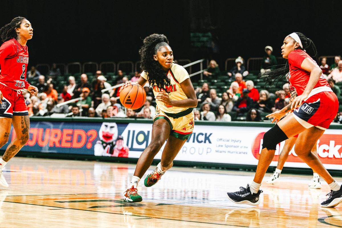 Jaida Patrick led the University of Miami with 15 points in a 59-52 win over Jackson State on Dec. 20, 2023 at the Watsco Center.