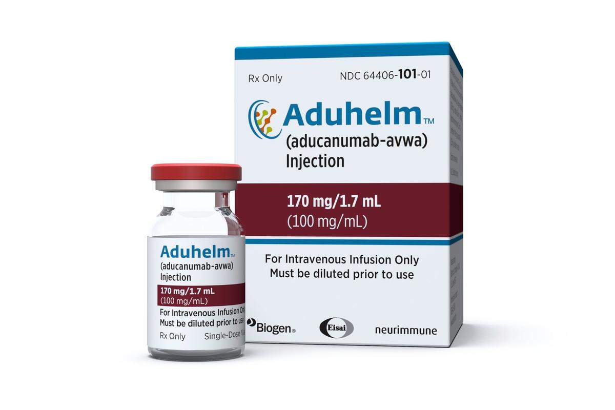 This image provided by Biogen shows a vial and packaging for the drug Aduhelm. On Monday, June 7, 2021, the Food and Drug Administration&nbsp;approved Aduhelm, the first new medication for Alzheimer’s disease in nearly 20 years, disregarding warnings from independent advisers that the much-debated treatment hasn’t been shown to help slow the brain-destroying disease. 