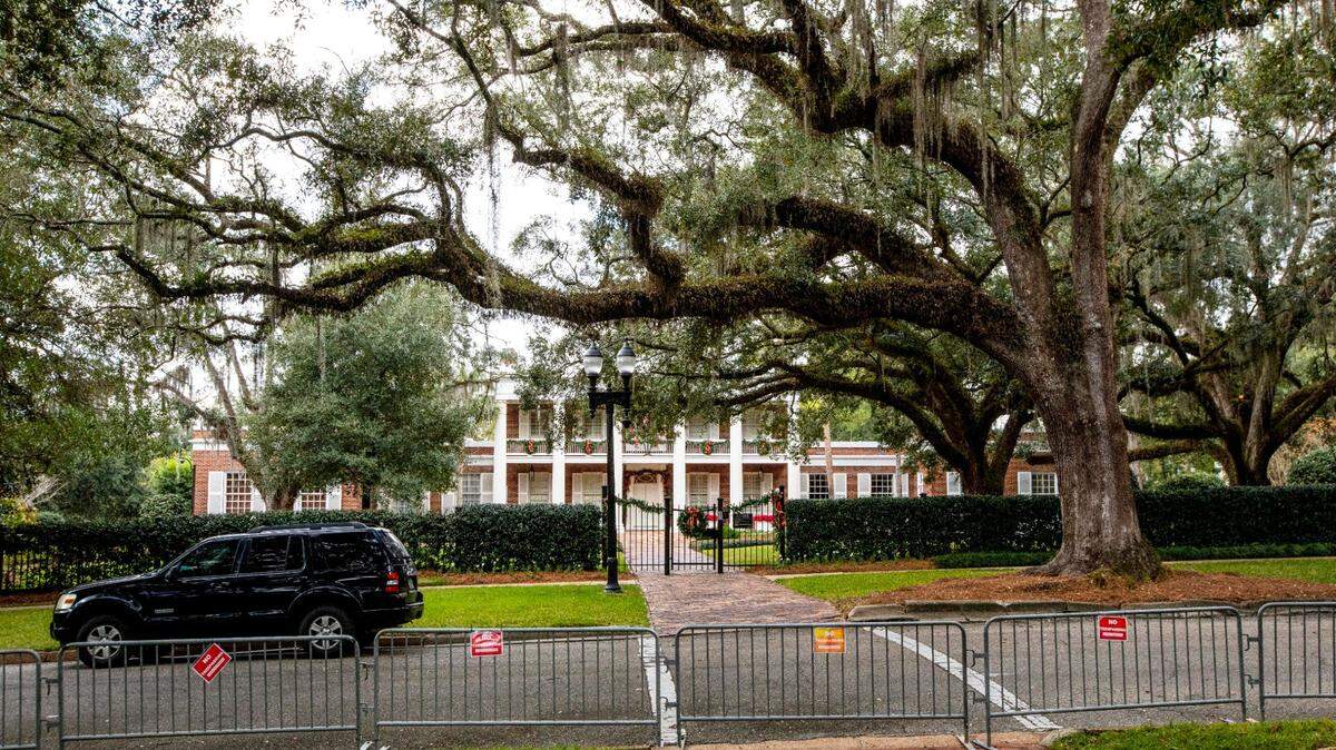Front view of Florida’s Governor’s Mansion, currently occupied by Gov. Ron DeSantis, in Tallahassee, Florida, on Monday, December 14, 2020. HB 1571 passed by the 2022 Legislature curbs picketing and protests outside people’s homes, including the Governor’s Mansion and homes of university presidents.