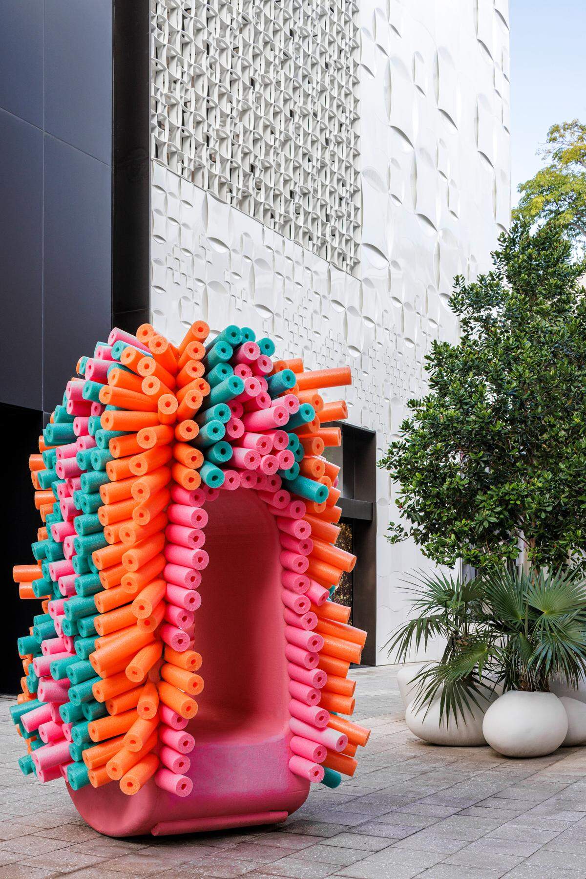 One of the seating capsules created by architect Germane Barnes as part of his installation Rock | Roll, placed throughout the Miami Design District.