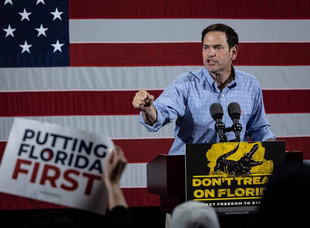 Hialeah, FL- November 7, 2022 - Senator Marco Rubio speaks during a rally with Florida Gov. Ron DeSantis at a Turning Point Action event in Hialeah Park on the eve of Election Day.