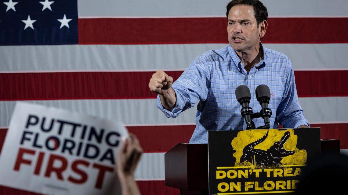 Sen. Marco Rubio speaks during a rally with Florida Gov. Ron DeSantis at a Turning Point Action event in Hialeah Park on the eve of Election Day.