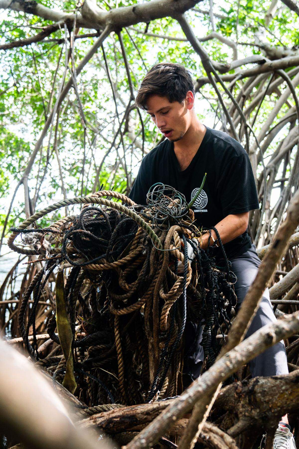 Rodolfo Rojas holds a clump of rope and wires that he removed from the mangroves at Kennedy Park in Coconut Grove.