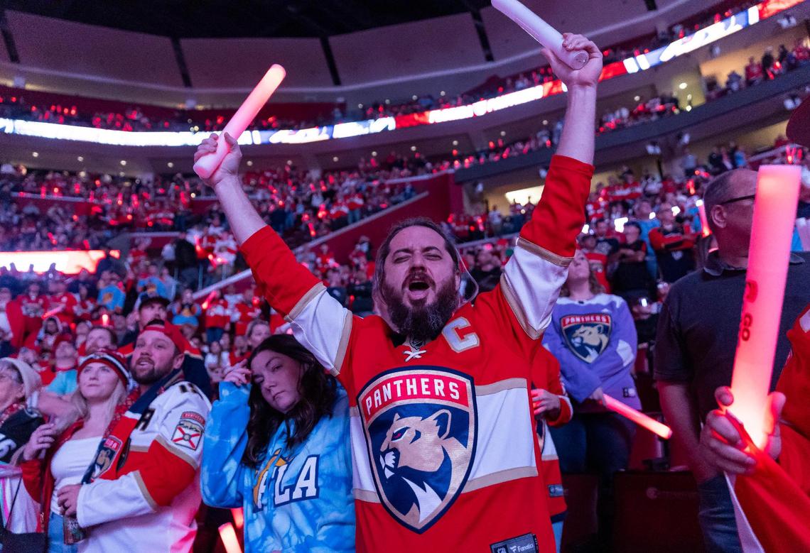 A Florida Panthers fan cheers before the start of his team’s NHL game against the Toronto Maple Leafs at the Amerant Bank Arena on Thursday, Oct. 19, 2023, in Sunrise, Fla.