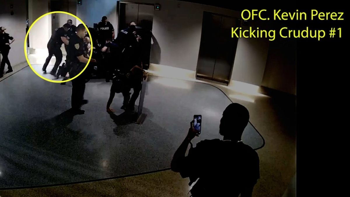 The upper left corner appears to show former Miami Beach police officer Kevin Perez kicking a Maryland visitor named Delonta Crudup while he’s on the ground after being chased into a Collins Avenue hotel.