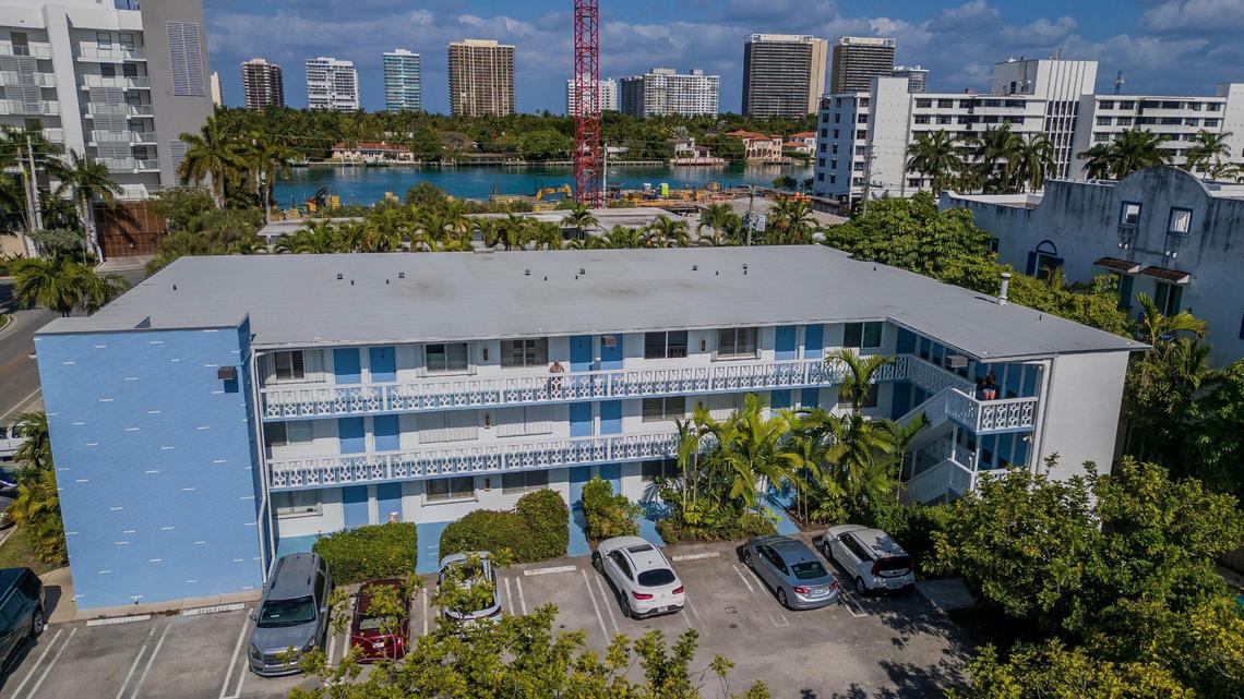 An overhead view shows the extensively refurbished Golden Key Condominiums in Bay Harbor Islands in April 2025. The managers of the modest 1960s condo have maintained affordability for owners while successfully navigating recertification and stringent new post-Surfside state regulations.