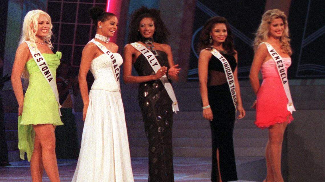 Five of the delegates lineup to bask in the glory of being selected for the final round. At left is Miss Estonia, who speaks five languages, dances, plays the piano, translates French poetry and bears a truly astonishing physical resemblance to Barbie.