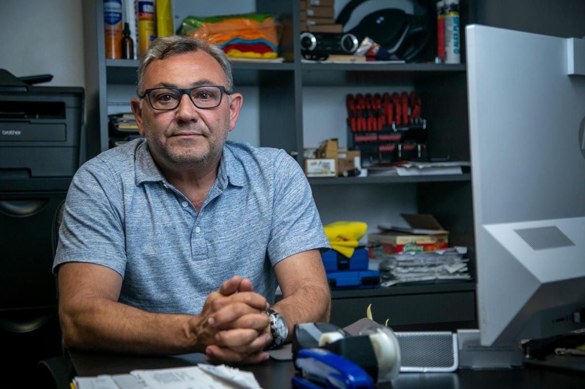 Domenico Cipriani, sits inside his warehouse office in Doral on April 19, 2021. He is one of three brothers suing KMTG for $6 million in owed monies and damages.