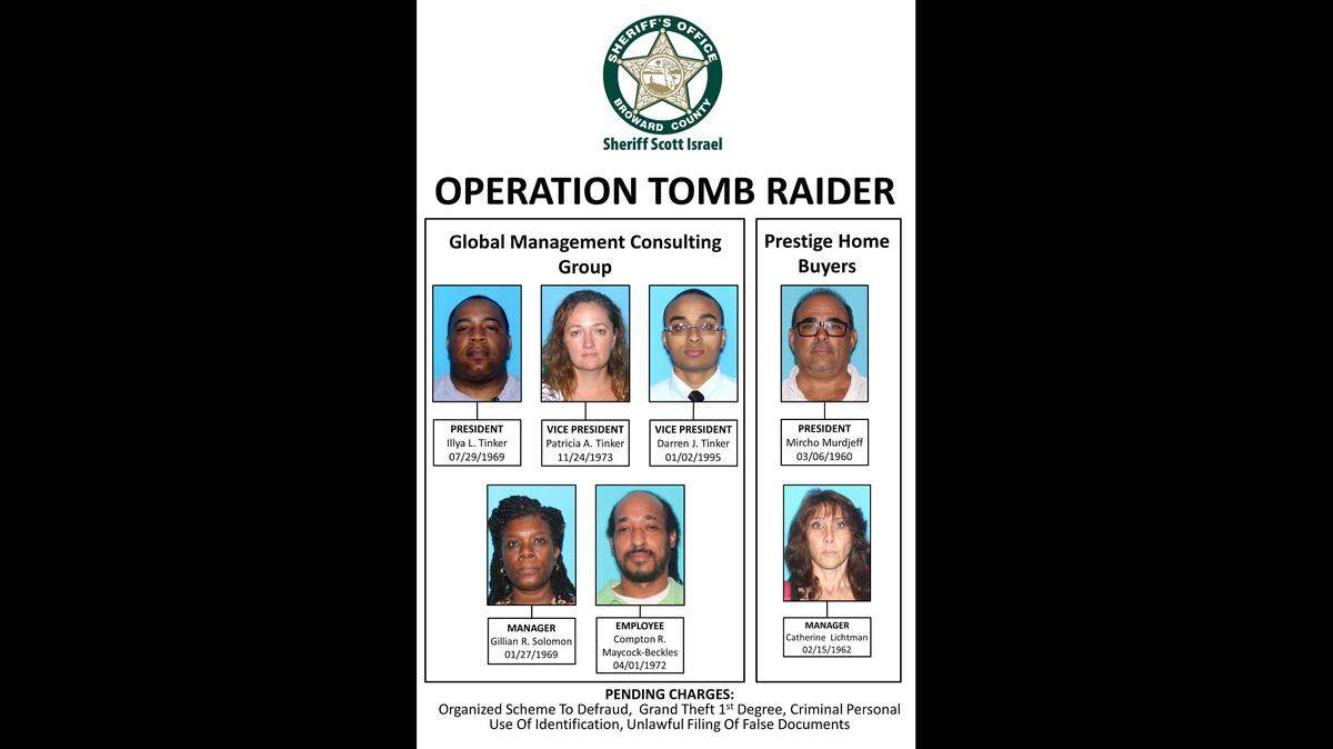 The Broward Sheriff's Office announced the arrests of a group of people who detectives say fraudulently stole homes from the estates of dead people.