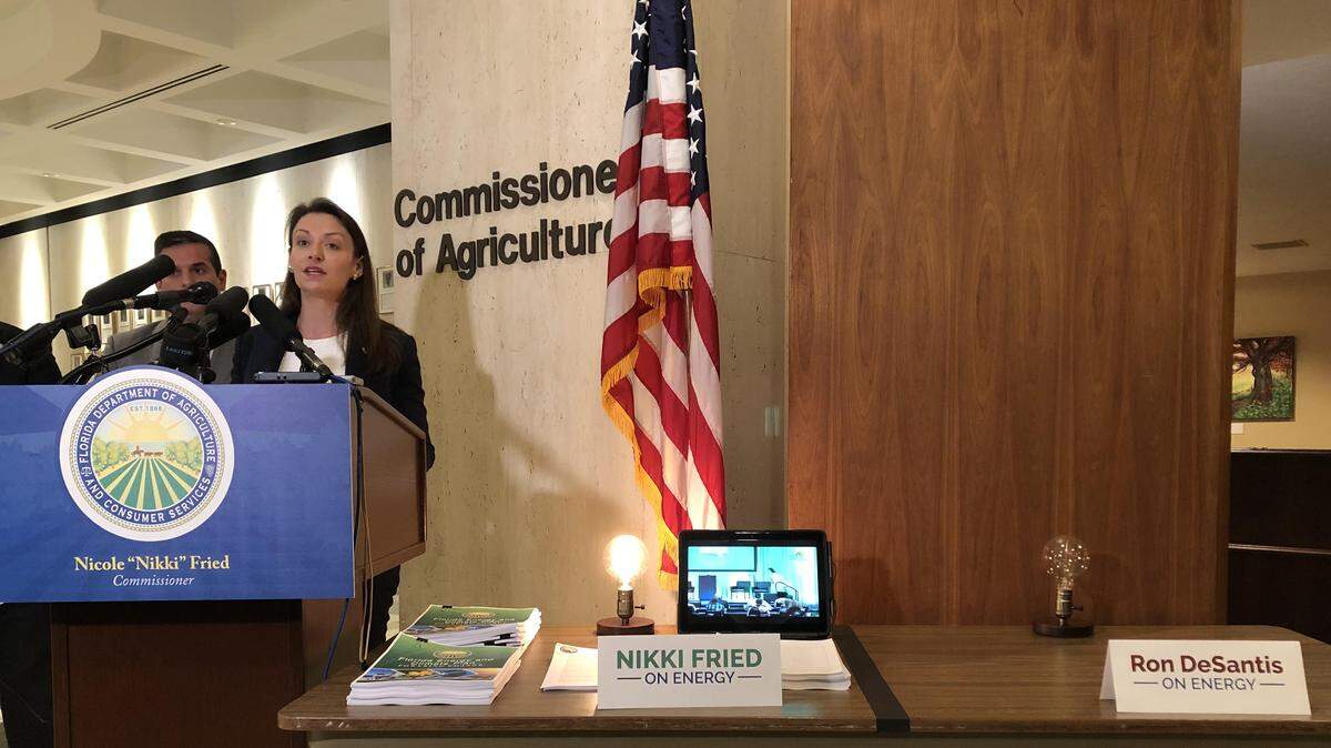 Agriculture Commissioner Nicole “Nikki” Fried holds a press conference reacting to an effort to move the state’s Office of Energy from under her purview to the Department of Environmental Protection.
