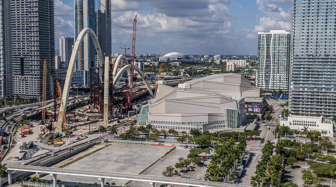 View of the ongoing construction of the arches for the I-395 signature bridge as part of the I-395/I-95 Design-Build Project, in front of the Adrienne Arsht Center, in downtown Miami, on Thursday, March 26, 2026.