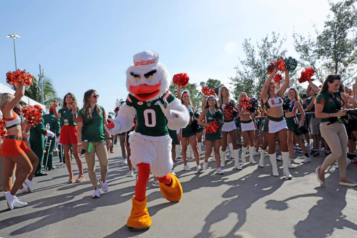 Miami Hurricanes mascot Sebastian the Ibis cheers as fans show support before the start of a ACC football game against the Appalachian State Mountaineers at Hard Rock Stadium on Saturday, September 11, 2021 in Miami Gardens, Florida.