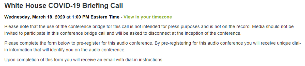 An invitation for a White House call with local and state officials about the novel coronavirus says media “should not be invited to participate.”
