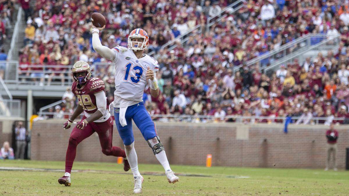 Florida quarterback Feleipe Franks (13) throws during the Gators’ 41-14 victory against Florida State in Tallahassee Saturday, Nov. 24, 2018.