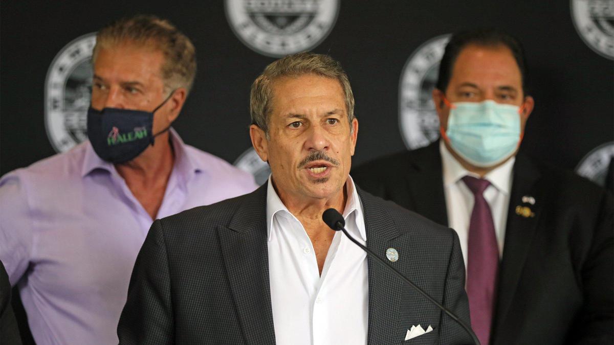 Miami-Dade Commission Chairman Jose ‘Pepe’ Diaz joins Miami-Dade County Mayor Daniella Levine Cava at a press conference outside the Government Center to announce county measures to address the recent surge of COVID-19 cases and hospitalizations, and urge the community to get vaccinated on Wednesday, July 28, 2021.