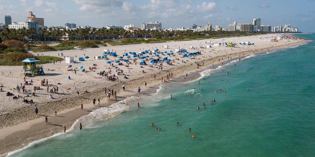 Aerial view of South Beach during spring break on Friday, March 15, 2024, in Miami Beach.