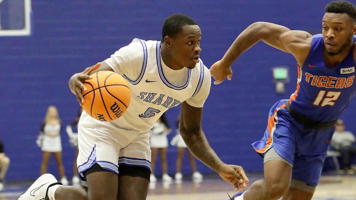 NSU Sharks Secou Sylla (5) dribbles against SSU Tigers during The 2022 NCAA Division II Men’s Basketball Tournament on March 12, 2022 at Rick Case Arena in Fort Lauderdale. Andrew Uloza / for THE MIAMI HERALD