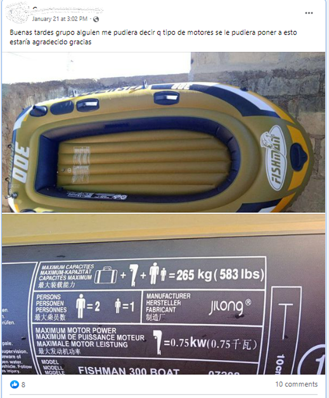 One user asks on a Facebook group where Cubans buy and sell boat parts what kind of motor they can put on an inflatable yellow boat.