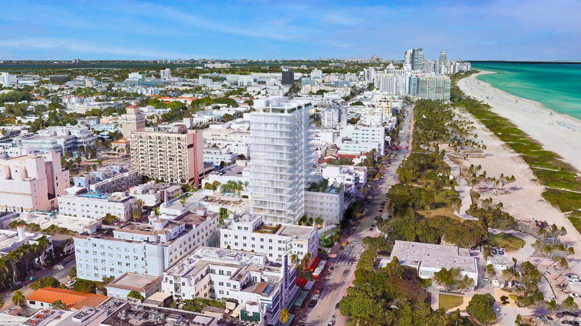 A rendering shows a proposal for an 18-story tower at the site of the Clevelander and Essex hotels on Ocean Drive in Miami Beach.