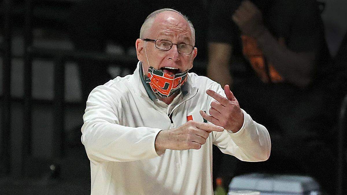 Miami Hurricanes coach Jim Larranaga directs his players during game against the Virginia Tech Hokies at the Wastco Center on Saturday, February 6, 2021. Two days later, the Canes’ road game at UNC was postponed after unmasked Tar Heels players were seen celebrating their win over Duke.
