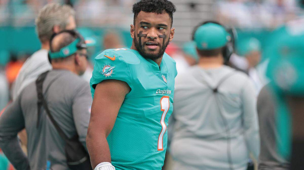 Miami Dolphins quarterback Tua Tagovailoa (1) on the sidelines during game against New York Jets at Hard Rock Stadium in Miami Gardens on Sunday, December 19, 2021.