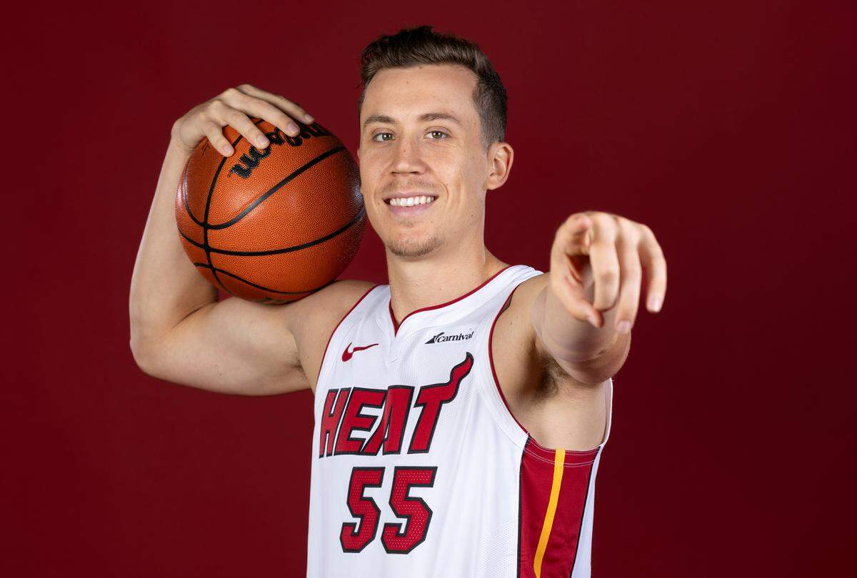 Miami Heat forward Duncan Robinson (55) is photographed during team Media Day at the Kaseya Center on Monday, Oct. 2, 2023, in Miami, Fla.