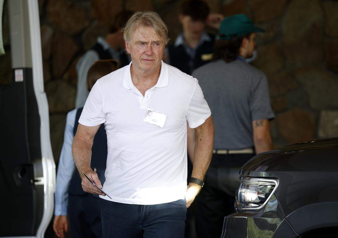 Brightline founder Wes Edens arrives at the Sun Valley Lodge for the Allen & Company Sun Valley Conference on July 8, 2025, in Sun Valley, Idaho. Edens said in 2018 that running Brightline on an existing rail corridor in Florida made for “a huge difference in cost.”