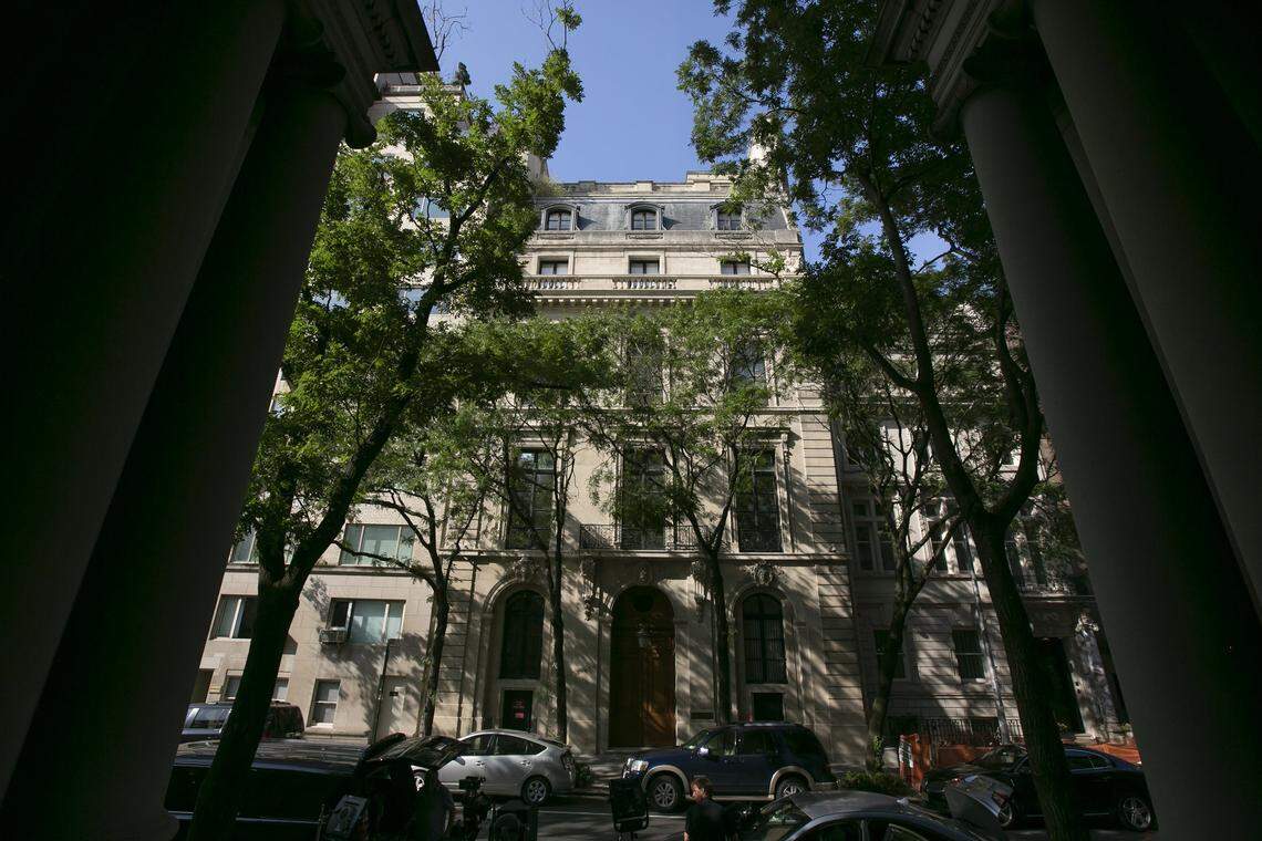 The Upper East Side New York estate of mulitmillionaire Jeffrey Epstein. Damage on the front doors of Epstein's residence was caused by agents serving a search warrant following Epstein's arrest at a nearby New Jersey airport Saturday, July 6, 2019 . Epstein was charged with sex trafficking of minors in New York and Palm Beach.