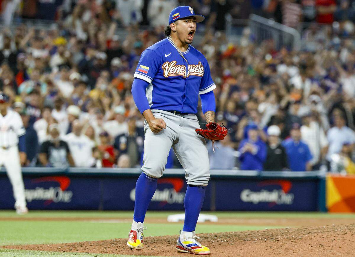 Venezuela pitcher Daniel Palencia (29) celebrates on the mound after the team defeats United States in the final game of the 2026 World Baseball Classic at loanDepot park on Tuesday, March 17, 2026.