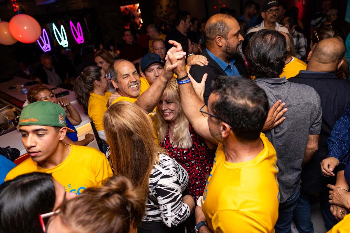 Supporters of Nicole Reinoso celebrate her victory in the runoff election for Seat 3 on the Doral City Council against Juan Carlos Esquivel. Among them was Emmanuel “Manny” Sarmiento, CEO of the Doral Chamber of Commerce.