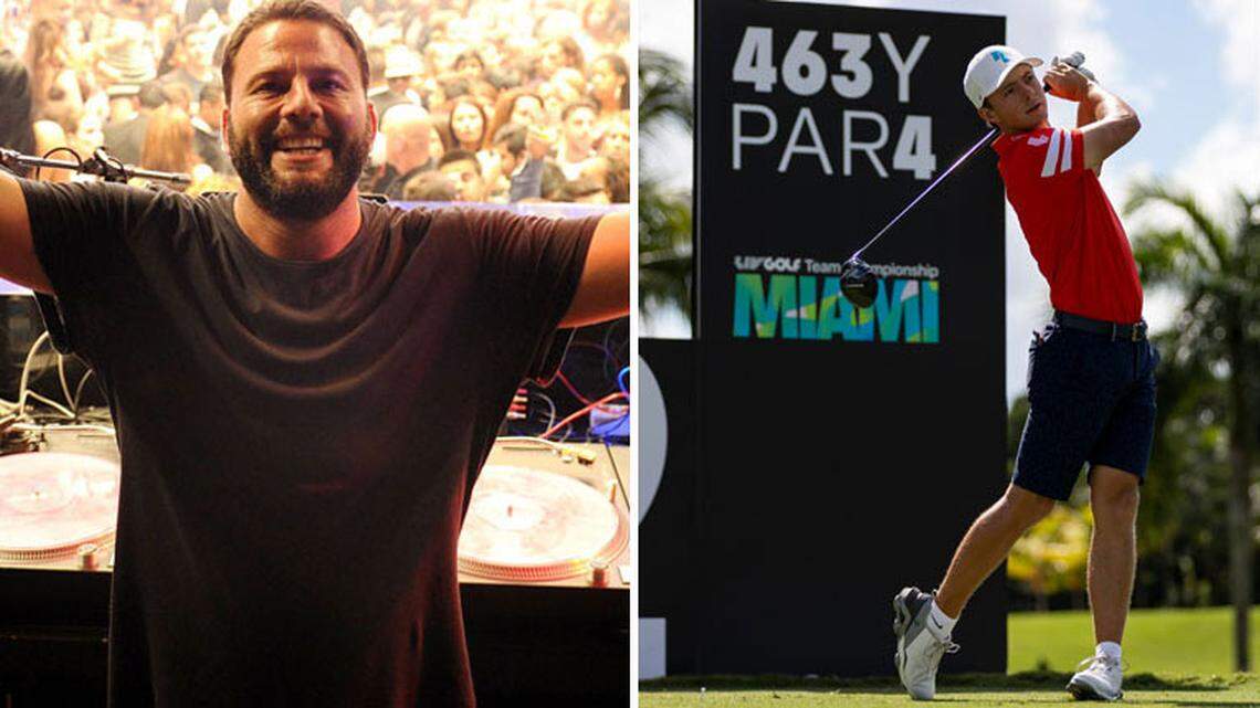 David Grutman, left, opened LIV nightclub at the Fontainebleau Miami Beach hotel in 2008. The club is looking to block trademark applications by LIV Golf, which held an event at Trump National Doral Miami last October. At right, James Piot tees off during the event on Oct. 28, 2022.