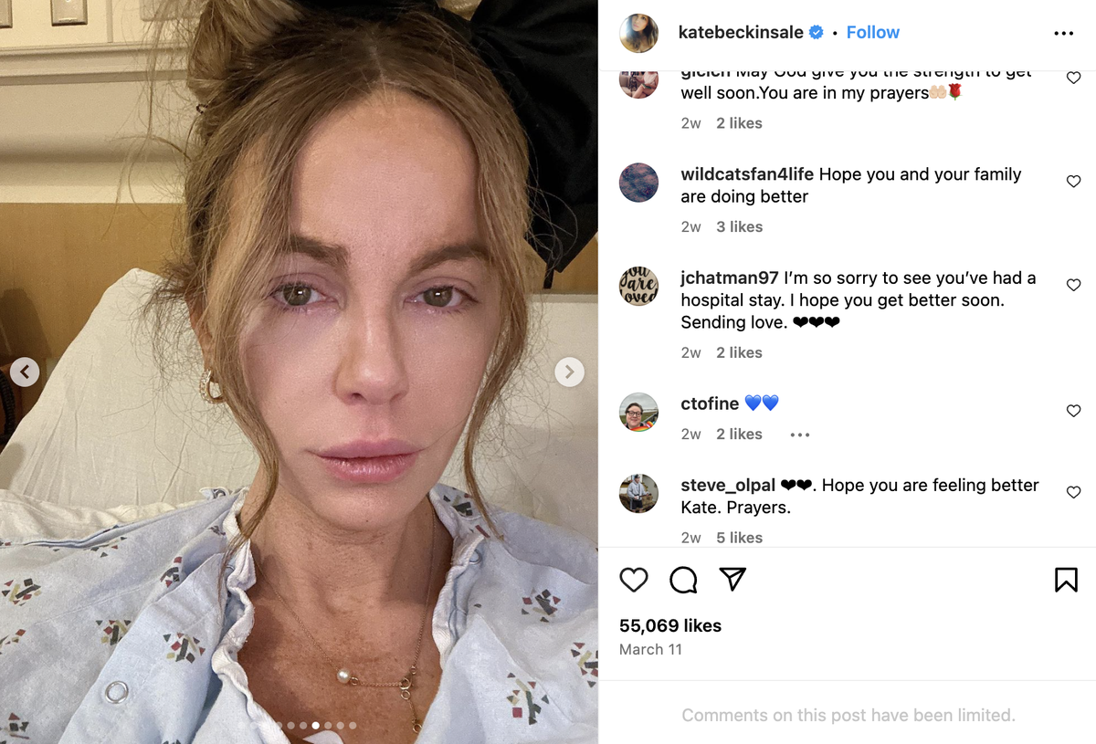 Fans grow concerned for actress Kate Beckinsale after she shares more pictures of herself in the hospital