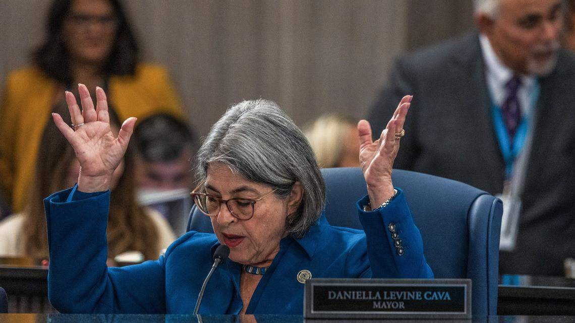 Miami-Dade County Mayor Daniella Levine Cava reacts during a lengthy County Commission meeting on Thursday, Sept. 19, 2025, that ended with passage of her $12.9 billion spending proposal with some changes, including eliminating her plan to increase transit fares. 
