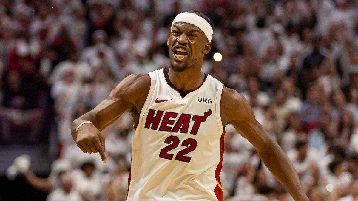 Miami Heat forward Jimmy Butler (22) reacts after scoring against the Milwaukee Bucks during the fourth quarter of Game 4 in the first-round NBA basketball playoff series at the Kaseya Center on Monday, April 24, 2023, in downtown Miami, Fla.