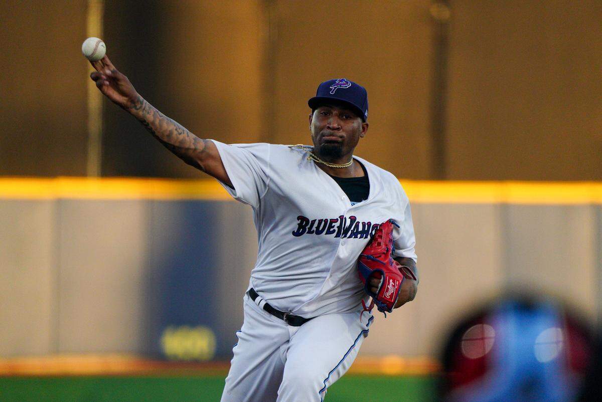 Right-handed pitcher Sixto Sanchez throws a pitch for the Double A Pensacola Blue Wahoos on Tuesday, Sept. 12, 2023, in Pensacola, Florida.